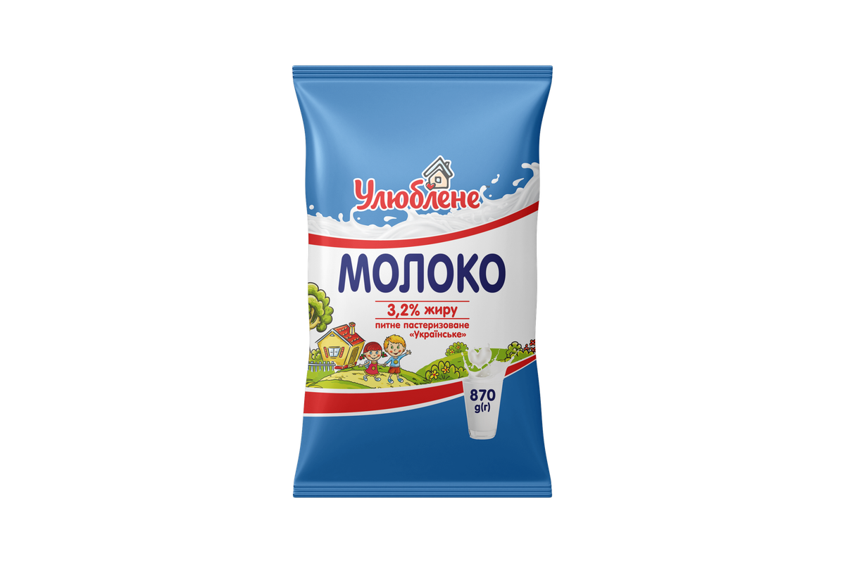 Молоко питне пастеризоване Українське, Улюблене, плівка поліетиленова, 3,2%, 870г